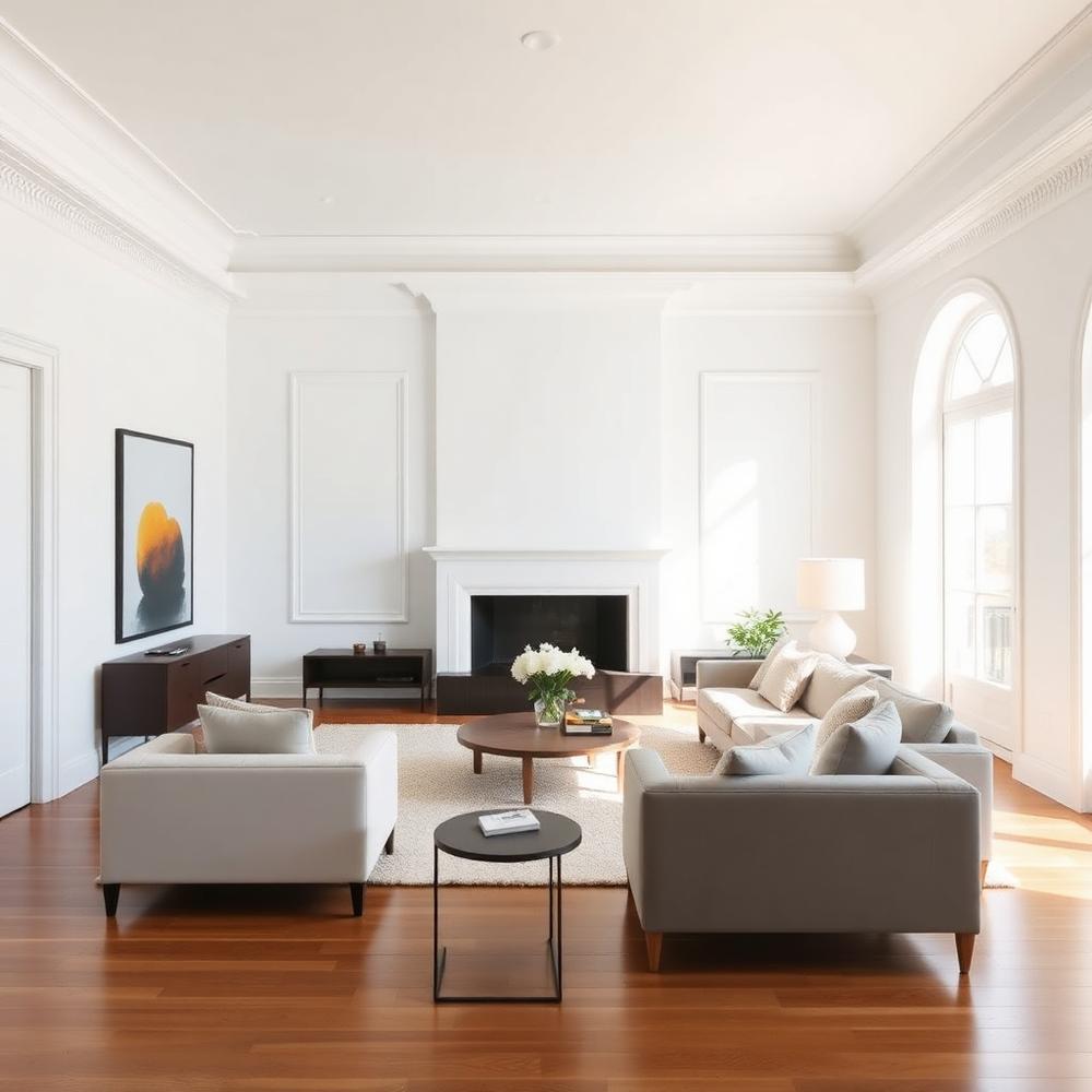 Freshly painted white living room with crown molding — Houston interior painting