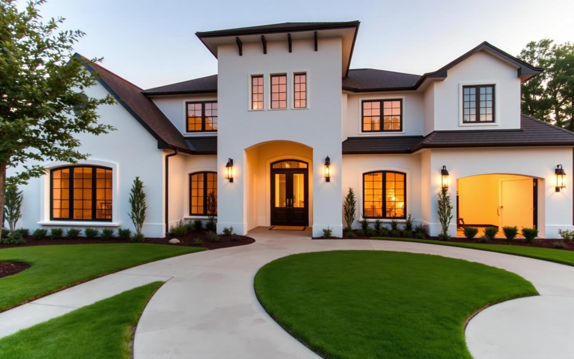 Freshly painted luxury Houston home exterior at dusk
